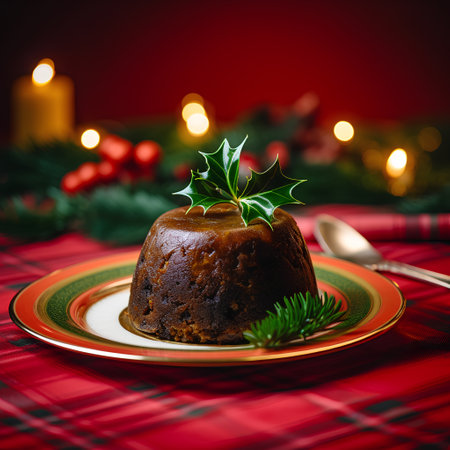 Christmas pudding with holly leaf and candlelight on red background.の素材