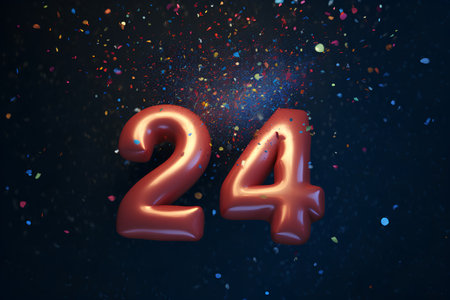 Red foil balloon number 24 with confetti. 3D Render Illustrationの素材