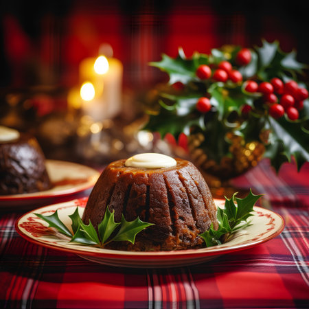 Christmas pudding with holly leaves and candle. Selective focus.の素材
