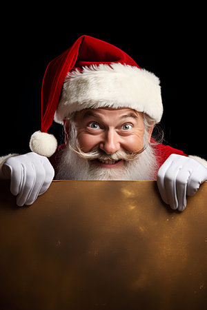 Portrait of Santa Claus holding a blank signboard over black background.の素材