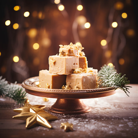 Homemade salted caramel candies on wooden background with Christmas lightsの素材