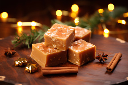 Caramel with cinnamon and star anise on a wooden background.の素材