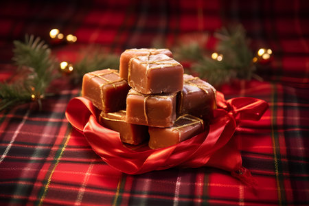 Toffee caramel candies on red tablecloth with Christmas decorationの素材