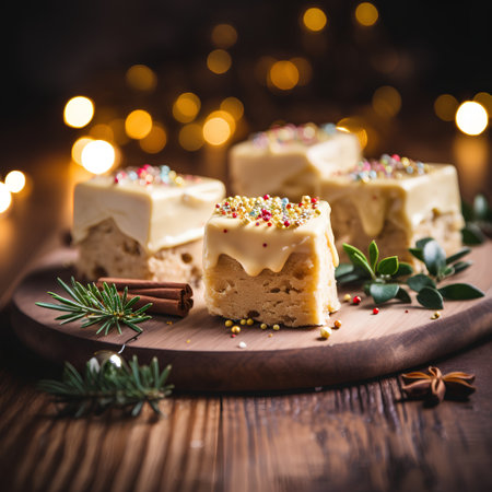 Christmas and New Year caramel cake with spices and cinnamon on a wooden backgroundの素材
