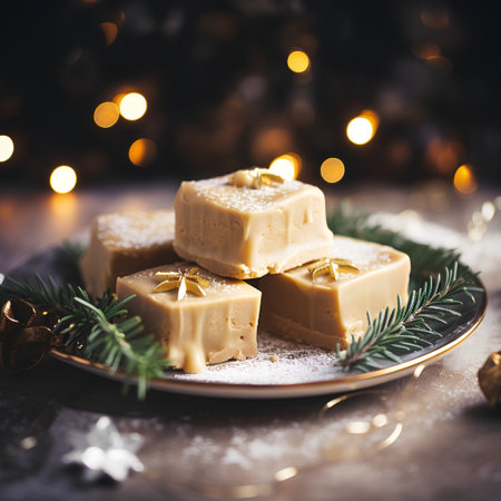 Christmas and New Year holiday background with white caramel candies. Selective focus.の素材