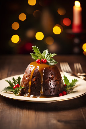 Chocolate pudding with caramel sauce on a wooden table. Christmas backgroundの素材
