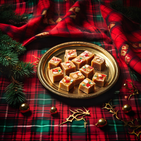 Christmas caramel candies on golden plate on red tartan background.の素材