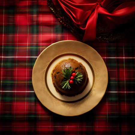 Christmas pudding on a red tartan tablecloth. Toned.の素材