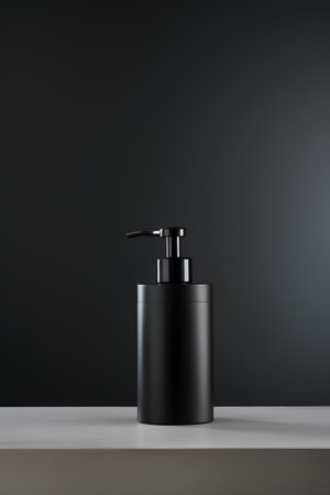 Black cosmetic bottle with dispenser on black background. 3d renderingの素材