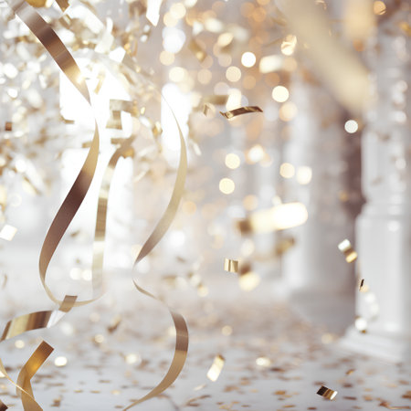Festive background with golden confetti and ribbons. 3d renderの素材