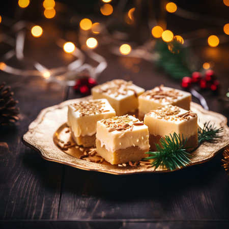 Traditional caramel candies with nuts and Christmas decoration on wooden background.の素材