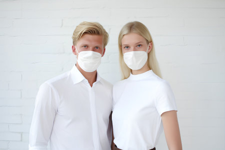 Portrait of young couple in medical masks on white wall background.の素材