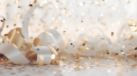 Holiday background with golden confetti and ribbons. 3D renderingの素材