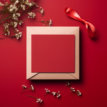 Valentine's day greeting card mockup with envelope and red ribbon on red backgroundの素材