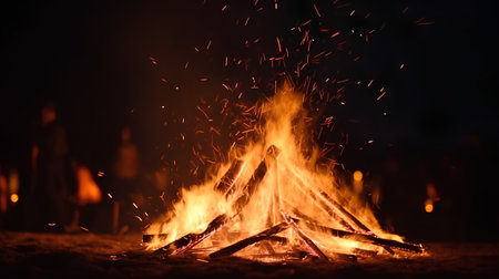 Bonfire with sparks on a dark background, close-up.の素材