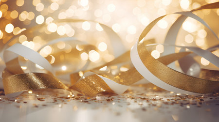 Golden ribbon on bokeh background. Christmas and New Year concept.の素材