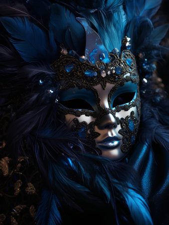 Beautiful Venetian mask with feathers on black background. 3d rendering.の素材