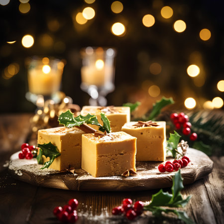 Pumpkin nougat with cinnamon and holly on a wooden boardの素材