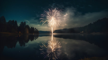 Beautiful fireworks on the lake at night, Bavaria, Germanyの素材