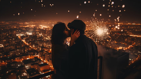 Young couple kissing on the balcony with fireworks in the city at nightの素材
