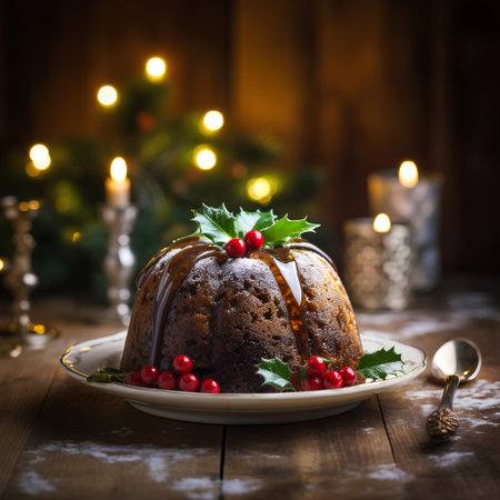 Christmas pudding with cranberries on a wooden background. Selective focus.の素材