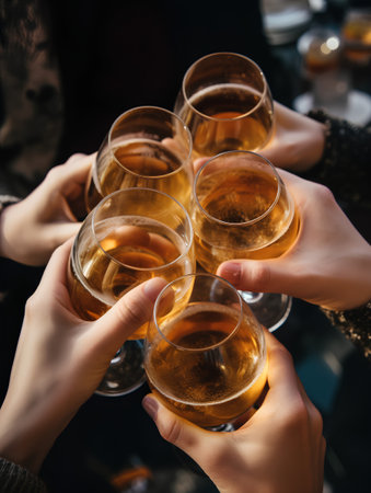 Group of people clinking glasses with champagne at a party. Close upの素材