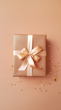 Gift box with gold bow and confetti. 3d renderの素材