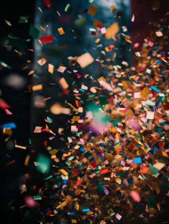 Colorful confetti flying in the air. Bokeh backgroundの素材