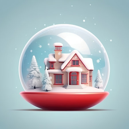 Snow globe with house and christmas trees on blue background, vector illustrationの素材