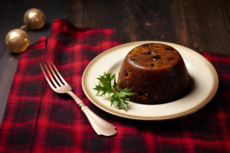 Traditional Christmas pudding with raisins on wooden background. Selective focus.の素材