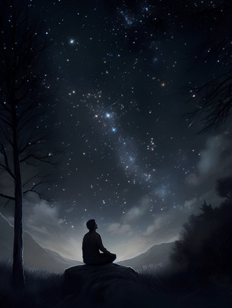 Man meditating in the forest at night with stars in the skyの素材