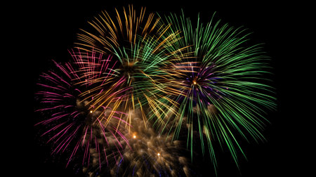 Colorful fireworks of various colors over night sky, celebration and anniversary conceptの素材