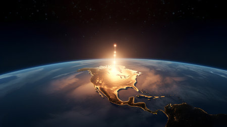 3D render of a rocket launch into space with the earth in the backgroundの素材