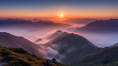 Mountain landscape. Sunrise over the clouds. Landscape with mountains.の素材