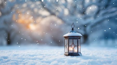Lantern in the winter forest. Festive Christmas background.の素材