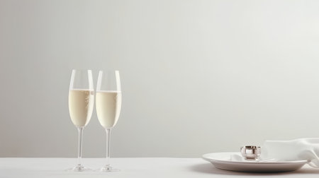 Two glasses of champagne with a wedding ring on a white background.の素材