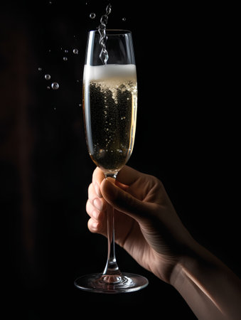 hand holding a glass of champagne with splashes on a black backgroundの素材