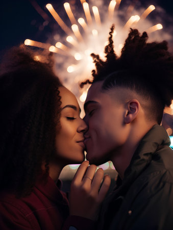 Young african american couple kissing in front of fireworks at nightの素材