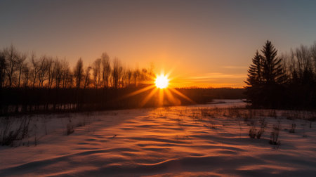 Sunset over the snow-covered field and forest in winter.の素材