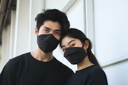 Young asian couple wearing face mask to prevent COVID-19の素材