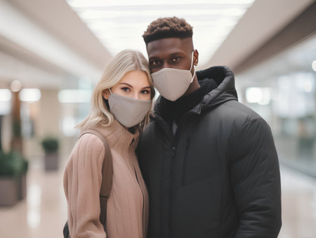 Young multiethnic couple in medical masks looking at camera in mallの素材
