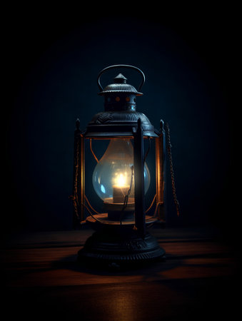 Lantern on a wooden table with a dark background. Vintage styleの素材