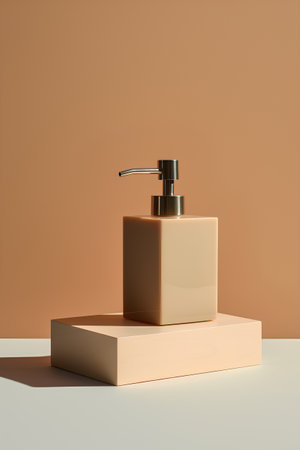 3d render of beige soap dispenser on podium with orange backgroundの素材
