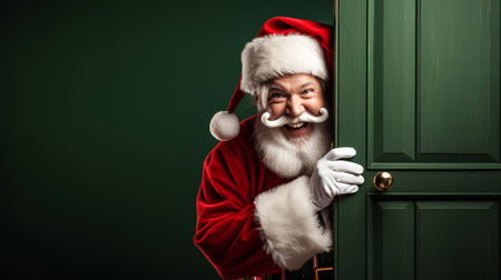 Santa Claus peeking out of the door. Christmas and New Year concept.の素材