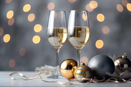 Two glasses of champagne and christmas decoration on bokeh backgroundの素材