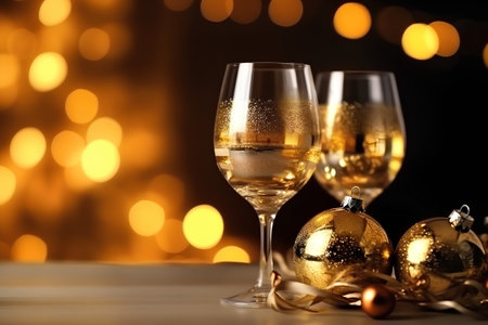 two glasses of champagne with christmas balls on bokeh backgroundの素材