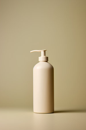 Blank cosmetic bottle on beige background. 3D rendering.の素材