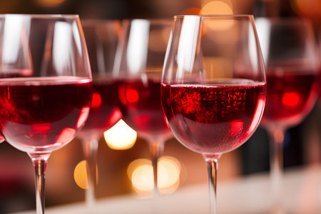 Glasses of red wine on bokeh background, closeupの素材