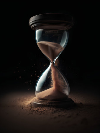 Hourglass with sand on dark background. Concept of time passing.の素材