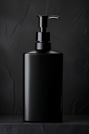 Mockup of a black cosmetic bottle on a black background.の素材